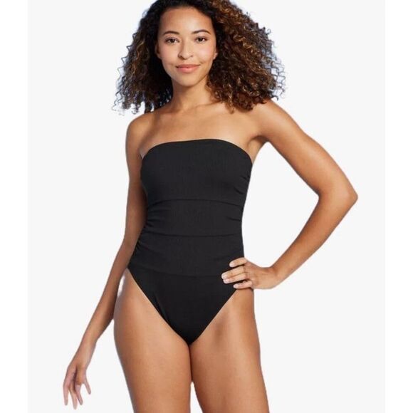 Shade & Shore Black One Piece Shirred Ribbed Bandeau Cheeky Swimsuit M 8 10 - Picture 1 of 6
